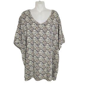 Catherines Womens T Shirt Top 3X Black Yellow Medallion Short Sleeve V Neck Knit